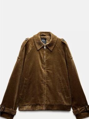 Zara Tabbed Corduroy Bomber Jacket in Brown, Sz Large
